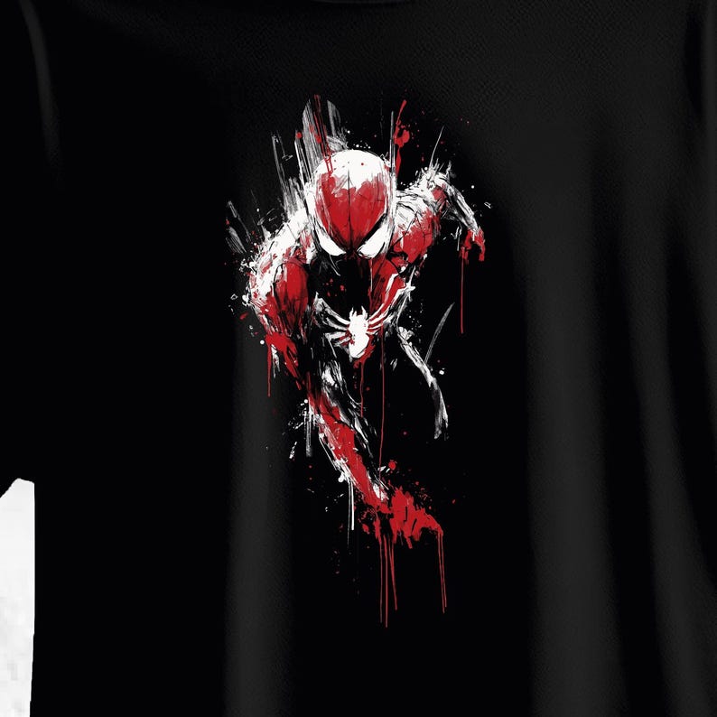 May include: Black t-shirt featuring a dynamic illustration of Spider-Man in a running pose. The artwork uses a bold red and white color scheme against a black background, with paint-like brushstrokes adding a sense of movement and energy.
