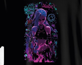 アーケインリーグオブレジェンド ジンクス ヴィ スプラッターアートプリントTシャツ - ブラック