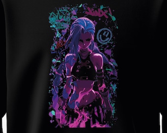 Arcane League of Legends Jinx Vi スプラッターアートプリントスウェットシャツ - ブラック
