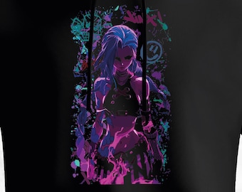 Arcane League of Legends Jinx Vi スプラッターアートプリントパーカー - ブラック