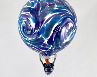 4.25" Blown Glass Hot Air Balloon Ornament– Steel Blue, Hyacinth, Aquamarine on White (Jensen's Mix)