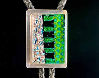 Fused Dichroic Glass Bolo Set in Sterling Silver– Rectangle Collage w/Silver, Green and Black