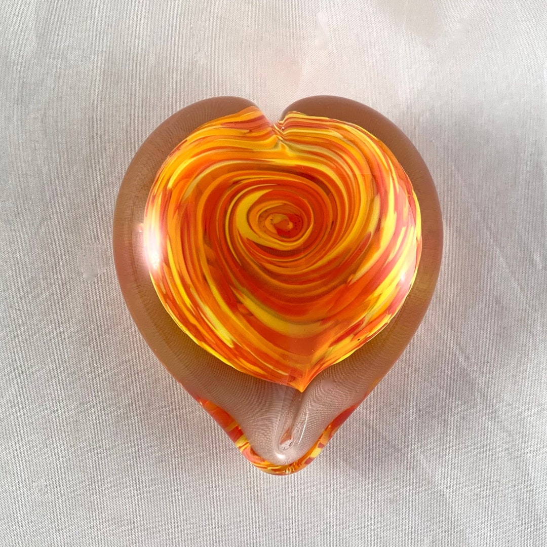 Solid Glass Heart Paperweight Yellow Orange Mix W/twist Etsy