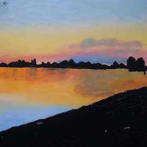 Nueva Tarde – Pintura al óleo original sobre cartón | Paisaje al atardecer | 24×32cm | Pintura al óleo 2025 | Único