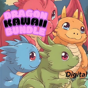 Könnte beinhalten: Digitale Illustration mit vier Cartoon-Drachen in Rot-, Orange-, Blau- und Grüntönen. Das Bild enthält den Text "DRAGON KAWAI BUNDLE" in rosa und schwarzer Schrift, mit dem Wort "Digital" unten rechts.