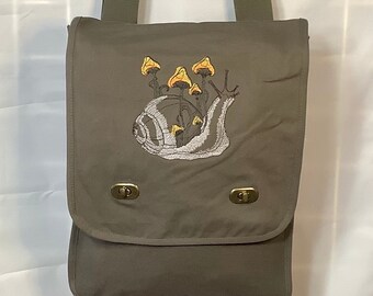 Embroidered Snail Mushroom Canvas Messenger Bag