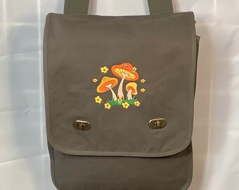 Embroidered 70s Mushroom Canvas Messenger Bag