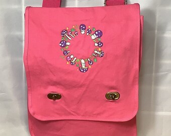 Embroidered Mushroom Fairy Ring Canvas Messenger Bag