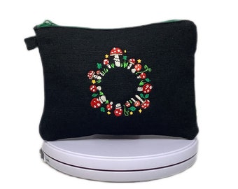 Embroidered Mushroom Duo Hemp Zippered Pouch