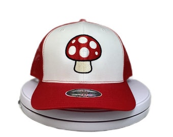 Red and White Mushroom Embroidered Snapback Hat