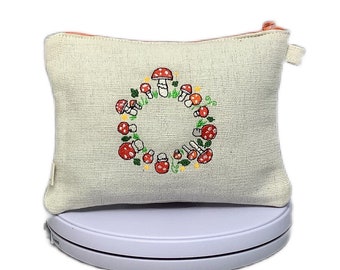 Embroidered Mushroom Fairy Ring Hemp Zippered Pouch