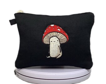 Embroidered Mushroom Hemp Zippered Pouch