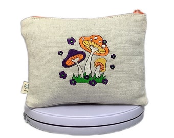 Your Plug Calls Me For Favors Embroidered 70's Mushroom Hemp Zippered Pouch