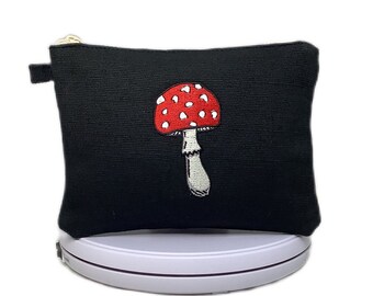 Embroidered Amanita Mushroom Hemp Zippered Pouch