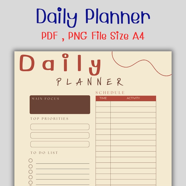 Daily Planner Printable, One Day Planner, Schedule and Main Focus