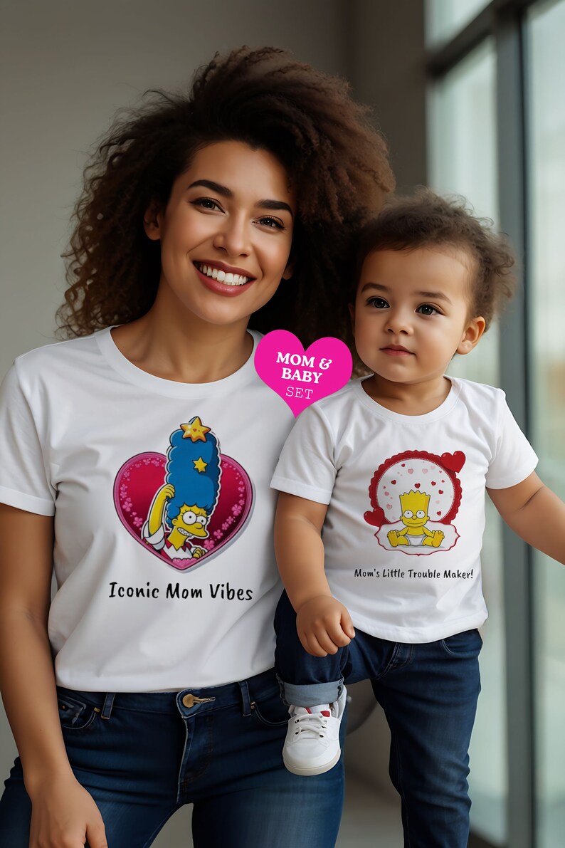 Mom and Baby Set Organic Simpsons Mom and Baby T-shirt Set Mom and Baby Gift Ideas Mother's Day Gift Simpsons Mom and Baby Top Set image 1