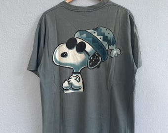 Vintage 90s Snoopy Joe Cool T Shirt - Faded Sage Green Peanuts Graphic Tee - Retro Double Sided Big Back Print Character Size XL