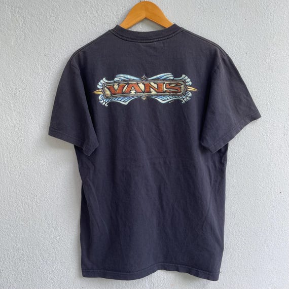 Vintage Vans Skate T-Shirt - Faded Black Graphic Tee - Y2K Tribal Wavy Logo Double Sided - 90s Streetwear Skater Clothing Aesthetic