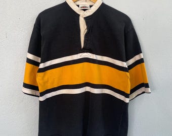 Vintage Barbarian Rugby Shirt - Made in Canada - Black, White, and Yellow Striped Short Sleeve Rugby - Preppy Streetwear Style - Size Large