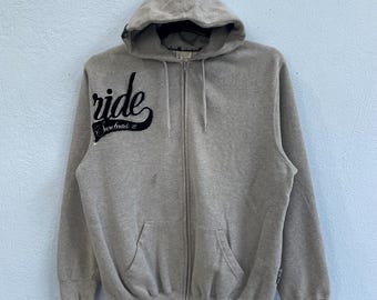 Vintage Ride Snowboards Zip Up Hoodie - Grey Graphic Full Zip Sweatshirt - Y2K Skateboarding Apparel