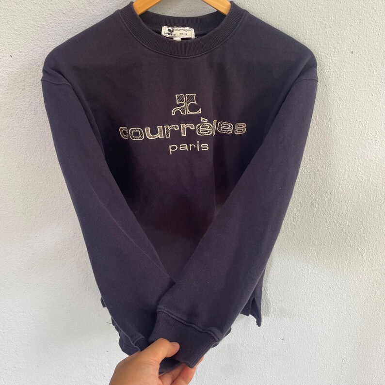 Vintage Courrèges Paris-tröja - Marinblå broderad logotyp-rundkrage - Fransk designertröja - Storlek Large bild 4