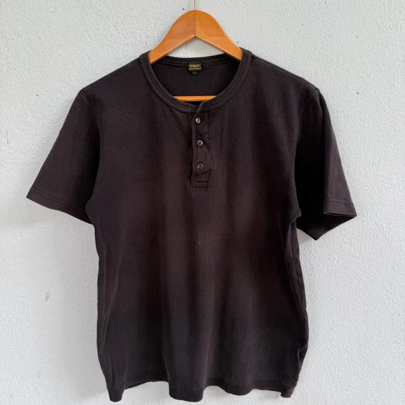 Kansai Yamamoto, Vintage Kansai Yamamoto Faded Black Ribbed Thermal Henley T-Shirt – Retro Short Sleeve Button Placket Heavy Knit Top