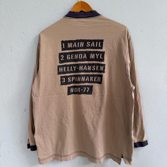 Helly Hansen, Vintage Helly Hansen Tan Long-Sleeve Mock Neck T-Shirt – Retro Stencil Sailing Print NOR-77 Heavy Cotton Top Size Large