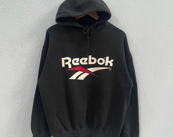 Vintage 90s Reebok Hoodie - Black Pullover with Big Vector Logo - Made in USA Retro Sportswear Streetwear - Size Large Oversized