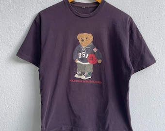 T-shirt vintage Polo Bear Ralph Lauren - Maglietta grafica Basketball USA - Maglietta marrone slavato bordeaux - Top stile streetwear