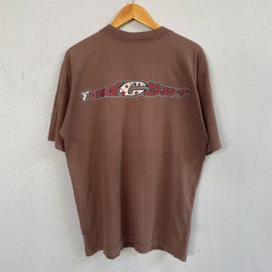 Vintage 90s Town and Country Surf T-Shirt - T&C Surf Designs Graphic Tee - Retro Brown Surfwear - Minimalist Front Logo - Large Back Print