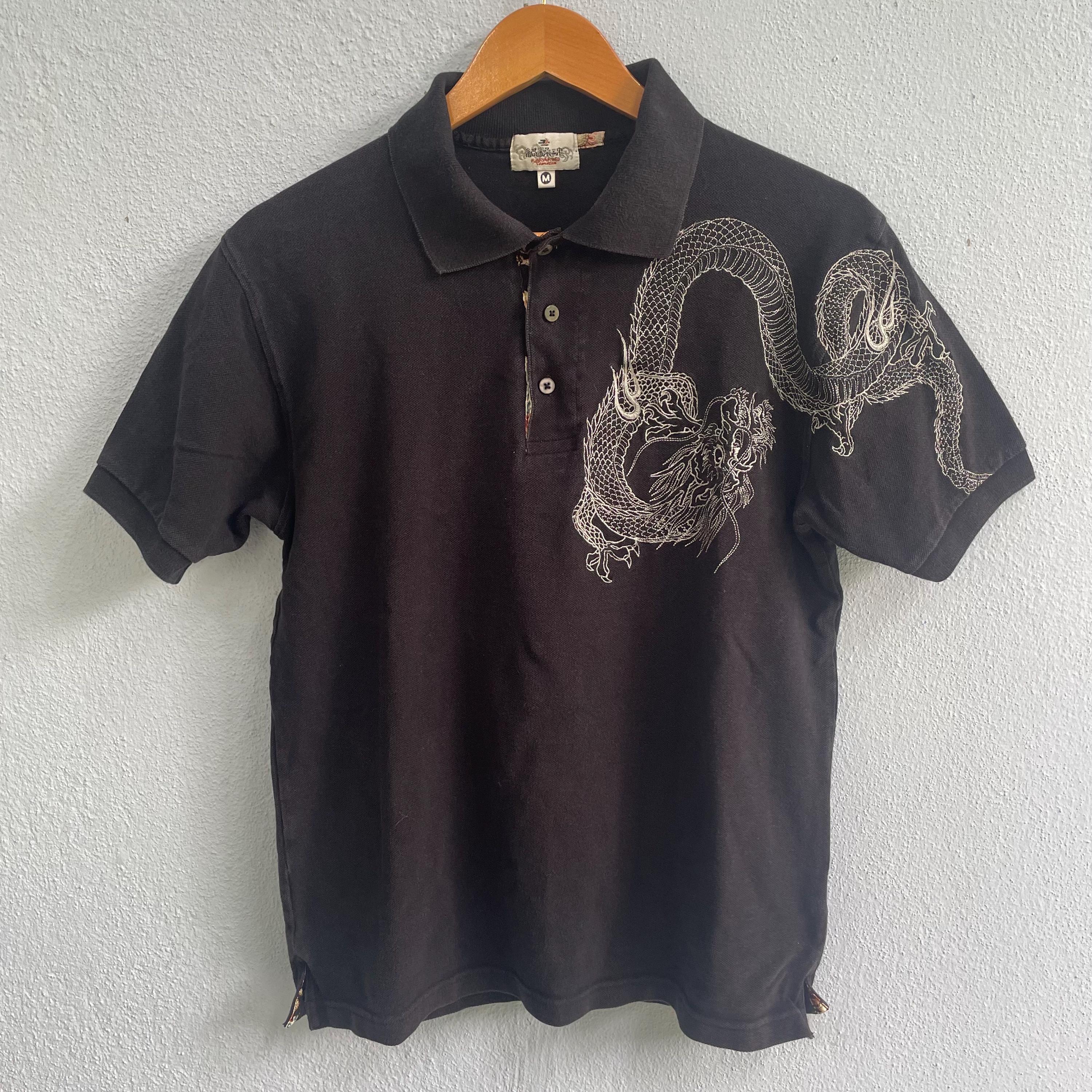 Vintage Karakuri Polo Shirt Black - Embroidered Dragon Sukujan Top 