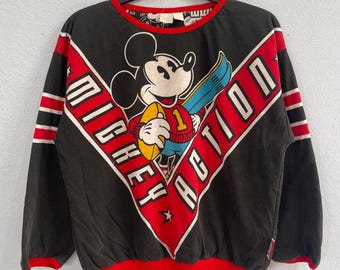 Vintage 90s Reversible Mickey Mouse Sweatshirt - 90s Disney Action Graphic Crewneck - All Over Print AOP Pullover