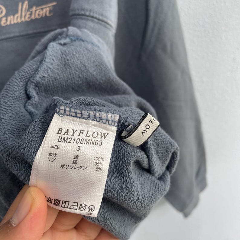 Może przedstawiać: Zbliżenie szarej bluzy z wyszytym na g&oacute;rze logo marki "Pendleton". Widoczna jest metka z marką "BAYFLOW" i rozmiarem "3". Na metce znajduje się r&oacute;wnież skład materiału: 100% bawełna, 95% bawełniany ściągacz i 5% poliuretan.