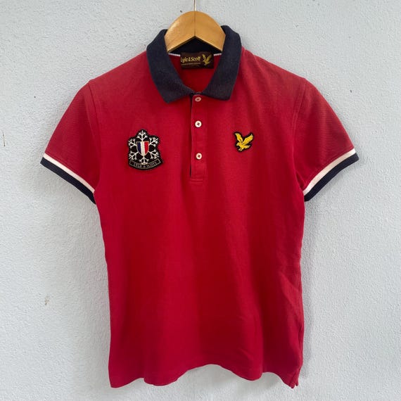 Lyle & Scott, Vintage Lyle and Scott Vintage Polo Shirt - Red Short Sleeve - Embroidered Crest & Golden Eagle Logo - Striped Trim Size Medium