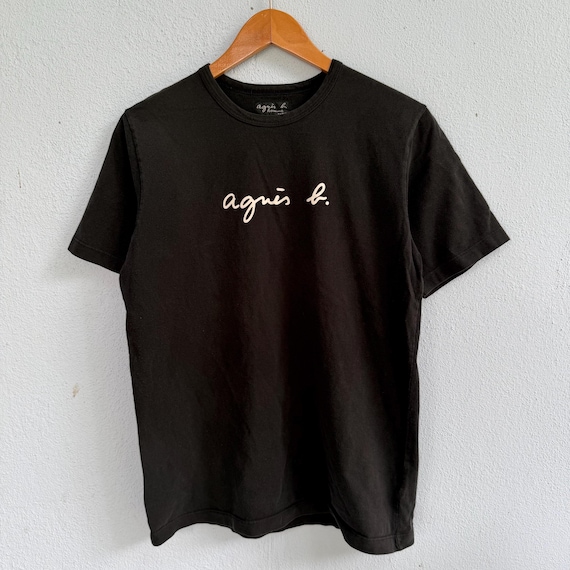 Agnès b., Vintage Agnès B. Homme Script Logo Black T-Shirt – Minimalist French Designer Signature Font Short Sleeve Cotton Tee