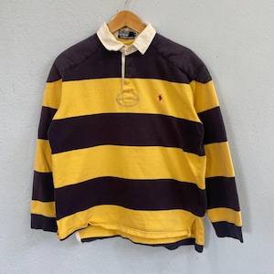 Koszulka Polo Ralph Lauren w stylu vintage do rugby – granatowo-żółte paski z długim rękawem – bawełniana koszulka z łatkami na łokciach w stylu retro, rozmiar L