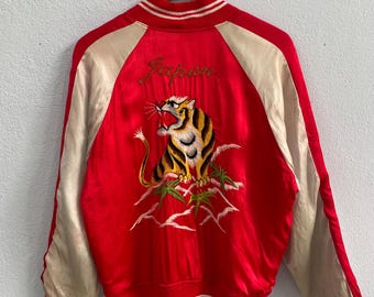 Vintage 80s Sukajan Souvenir Jacket - Red Satin Japanese Bomber - Embroidered Tiger Back Graphic - Size Large