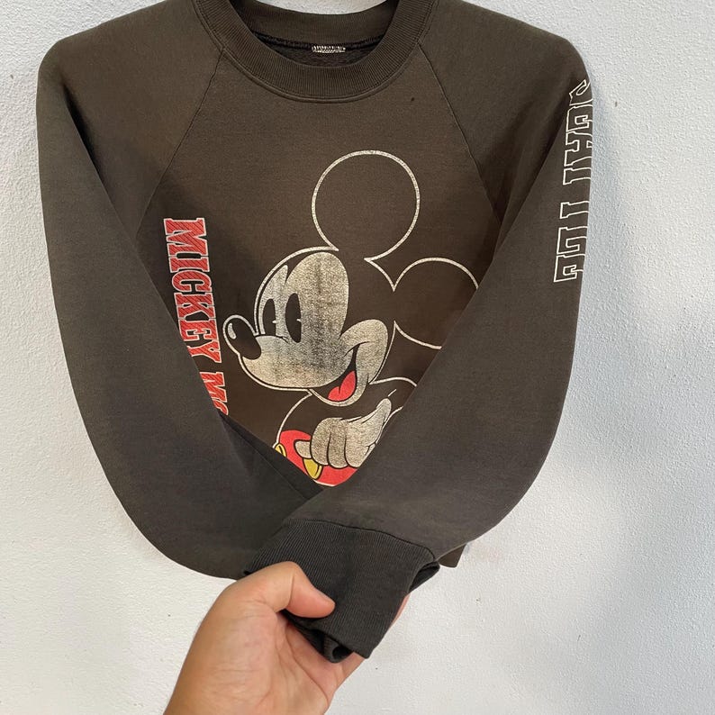 May include: A dark brown sweatshirt with a distressed Mickey Mouse design on the front. The sleeves display the text "SPECIAL ISSUE" and "MICKEY MOUSE" in red and white. It has a crew neck and ribbed cuffs.