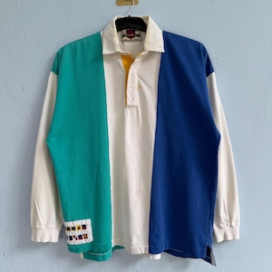 Vintage 90-tals Eddie Bauer Sport Shop långärmad rugbytröja med färgblock – Retro nautisk flagglapp i kraftig bomull