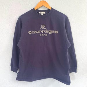 Vintage Courrèges Paris-tröja - Marinblå broderad logotyp-rundkrage - Fransk designertröja - Storlek Large bild 1