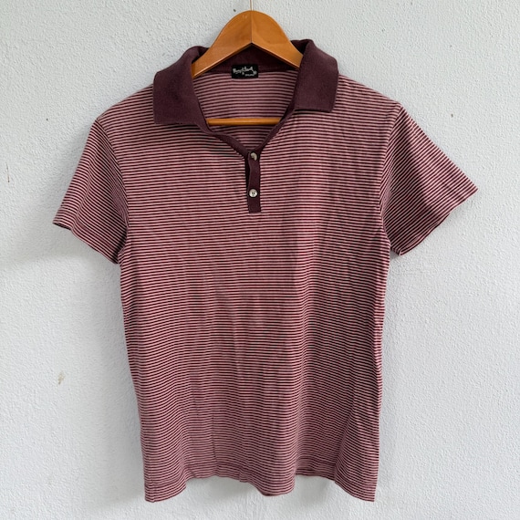 Margaret Howell, Vintage Margaret Howell Burgundy Micro-Striped Polo Shirt – Archive Designer Short Sleeve Collared Knit Top Size Medium WOMAN