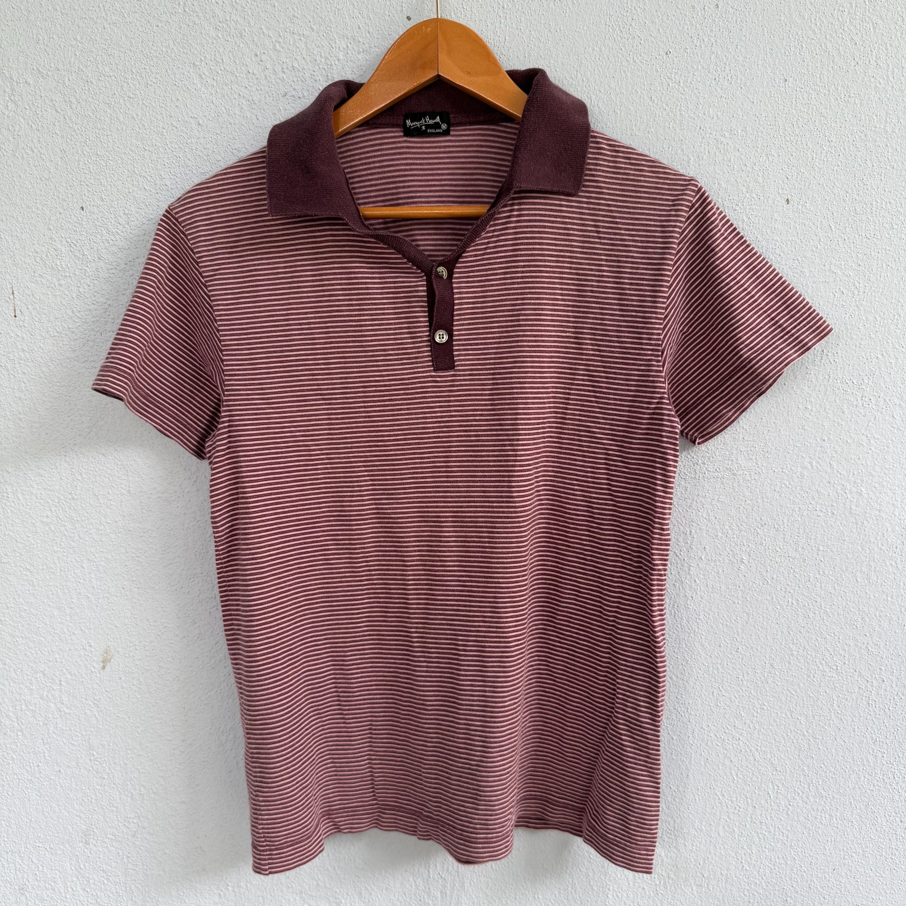 Margaret Howell, Vintage Margaret Howell Burgundy Micro-Striped Polo Shirt – Archive Designer Short Sleeve Collared Knit Top Size Medium WOMAN