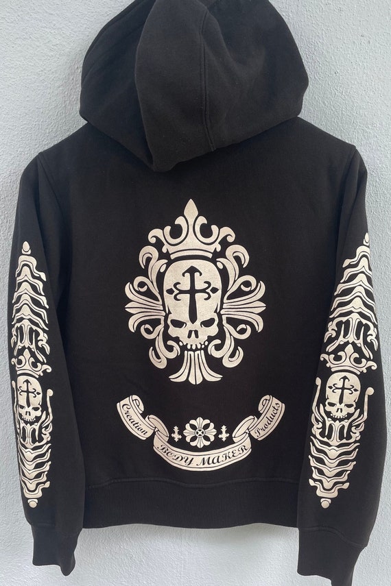 Vintage Gothic Zip up Hoodie - Y2K Skull Cross Back Graphic