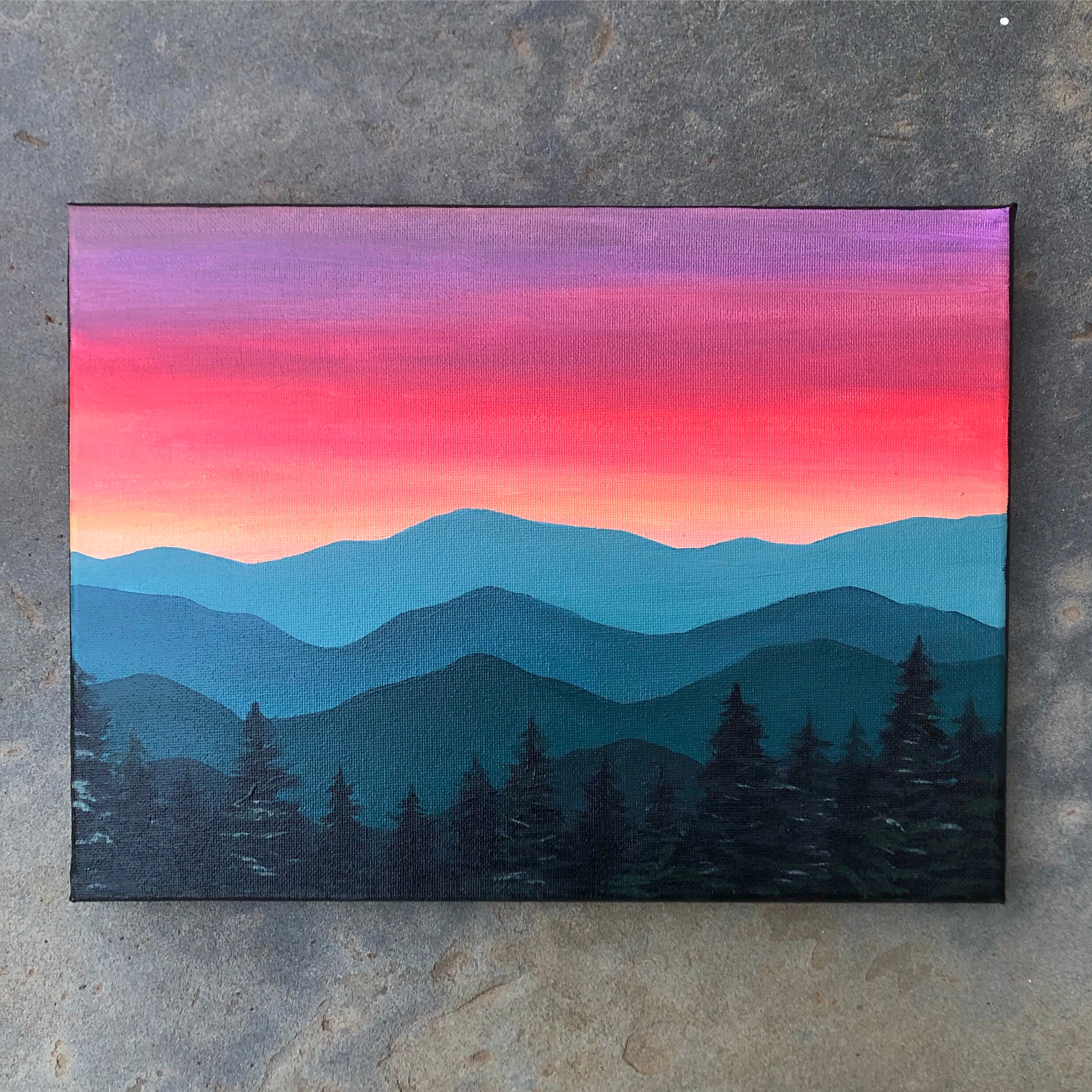 Sunset on the mountain city, Acrylic painting