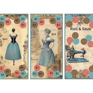 May include: Three vintage-style cards with a sewing theme. The first card features a blue dress on a mannequin with brown and pink yarn balls around it. The second card features a woman in a blue dress with brown and pink yarn balls around her. The third card features a vintage sewing machine with brown and blue yarn balls around it. The text on the cards reads "Saving It Up Marsha" and "Roll & Save".