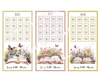 Könnte beinhalten: Drei farbenfrohe Spar-Tracker-Karten mit Blumen- und Schmetterlingsillustrationen. Jede Karte hat einen anderen Gesamtbetrag mit Kästchen zum Sparen. Der Text "Saving It UP - Marsha" steht am unteren Rand jeder Karte.