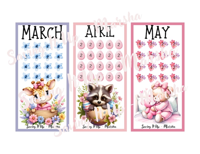 May include: Three printable charts for saving money with a cute animal theme. Each chart has a month of the year, March, April, and May, with a grid of 24 circles. The circles are designed to be colored in as money is saved. The charts feature a giraffe, a raccoon, and a teddy bear.