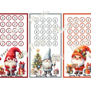 May include: Three printable Christmas countdown charts featuring gnomes with red, gray, and blue hats. Each chart has 25 circles with the number 2 inside each circle. The text "Saving It Up - Marsha" is at the bottom of each chart.