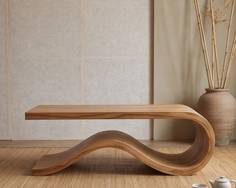 Mesa de centro curva de madera maciza hecha a mano / Muebles modernos y orgánicos para sala de estar