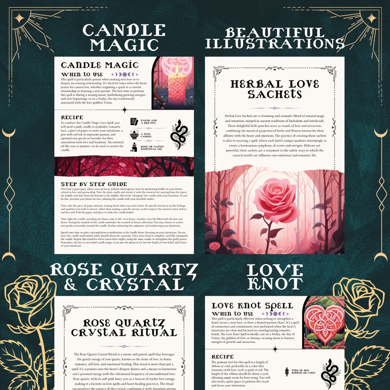 Pode incluir: Uma cole&ccedil;&atilde;o de ilustra&ccedil;&otilde;es para magia de velas, saquinhos de amor de ervas, rituais de cristal de quartzo rosa e feiti&ccedil;os de n&oacute; de amor. As ilustra&ccedil;&otilde;es s&atilde;o em um estilo caprichoso com um esquema de cores rosa e verde.